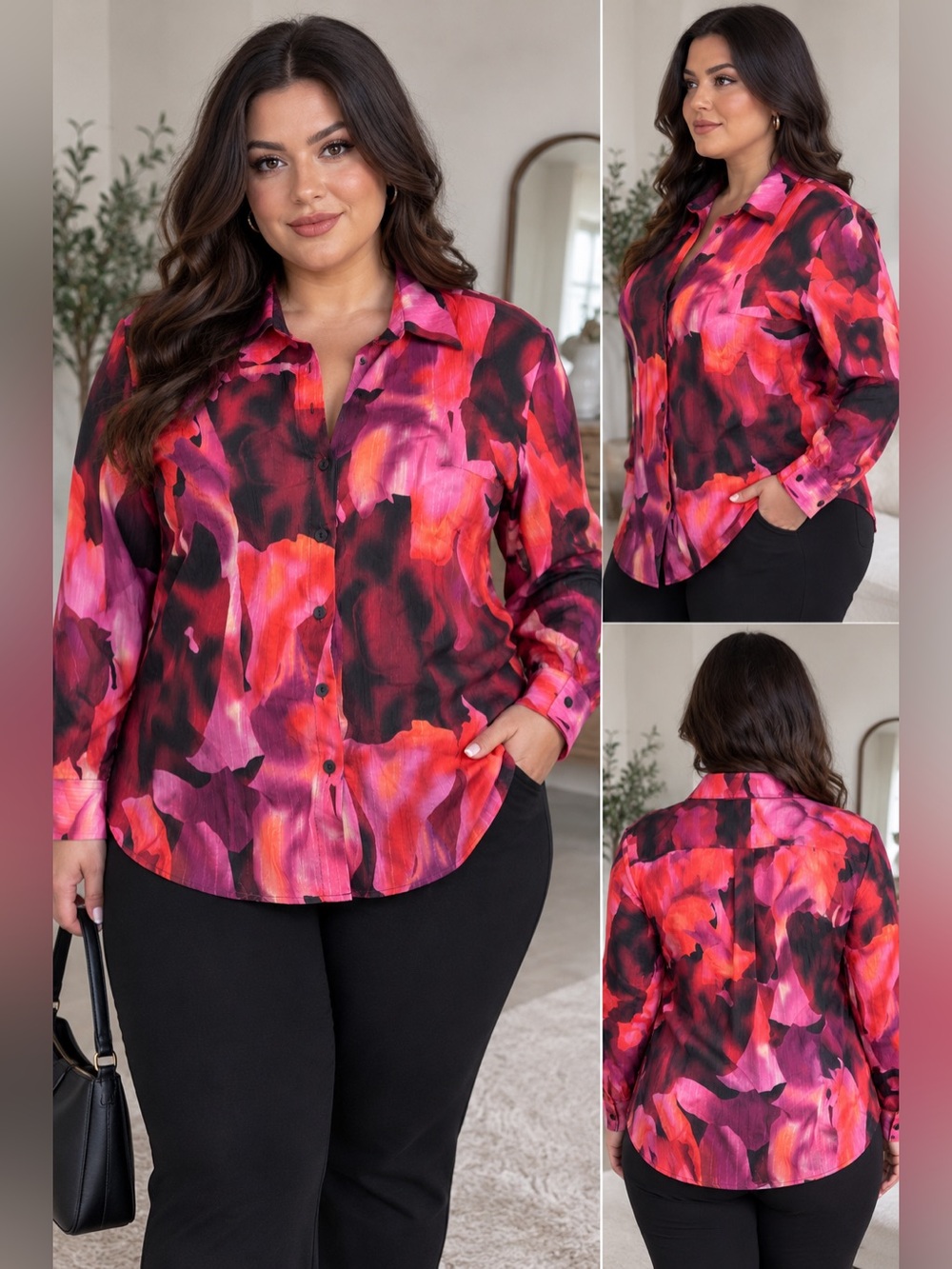 Micas Vibrant Watercolor Button-Down Shirt in Pink and Red 0XL zz2-4
